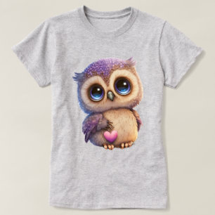 Cartoonuil met hart vasthoudend met grote ogen t-shirt