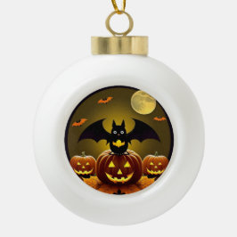 Cartoonvleermuis en pompoenen onder volle maan keramische bal ornament