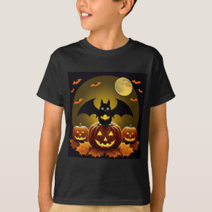 Cartoonvleermuis en pompoenen onder volle maan t-shirt