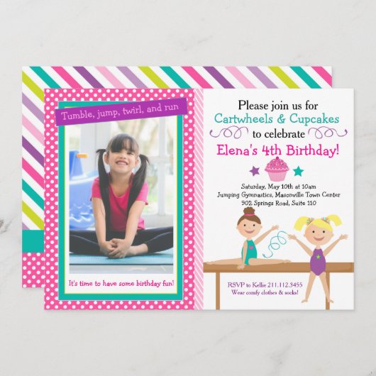 Cartwheels en Cupcakes Gymnastics Birthday Kaart (Voorkant / Achterkant)