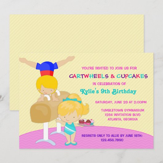 Cartwheels en Cupcakes Gymnastics Birthday Party Kaart (Voorkant / Achterkant)