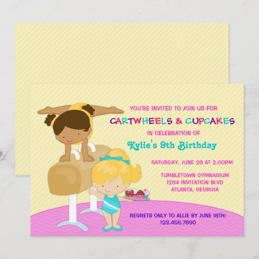 Cartwheels en Cupcakes Gymnastics Birthday Party Kaart (Voorkant / Achterkant)