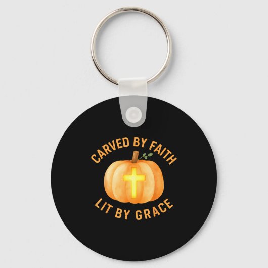 Carved By Faith Lit By Grace Pumpkin Cross Christi Sleutelhanger (Voorkant)