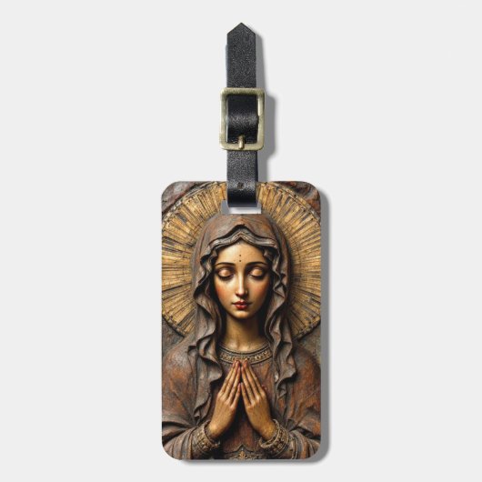 Carved Devotion  Wooden Mary Bagagelabel (Voorkant verticaal)