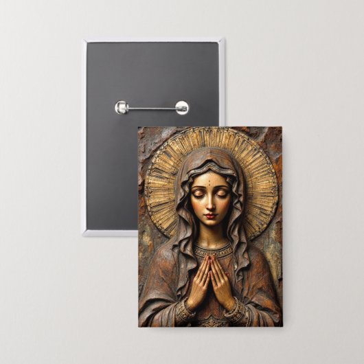 Carved Devotion  Wooden Mary Button (Voorkant / Achterkant)