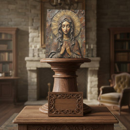 Carved Devotion  Wooden Mary Reclamebord Met Voetstuk