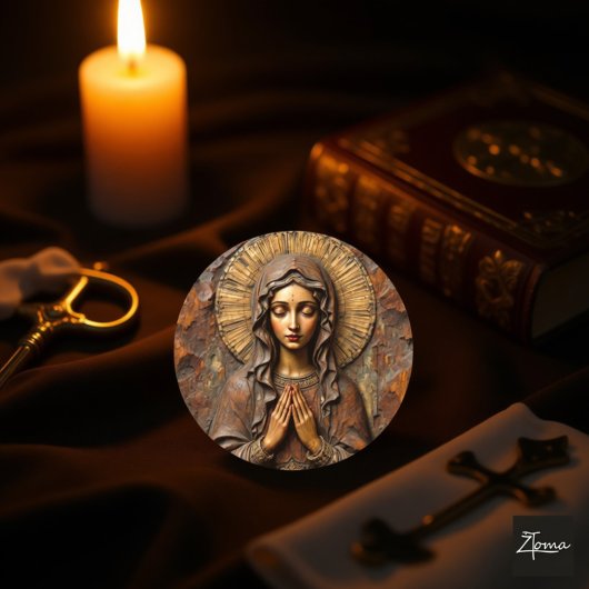 Carved Devotion  Wooden Mary Vierkante Sticker