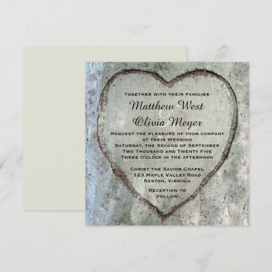 Carved Heart Birch Tree Wedding Kaart (Voorkant / Achterkant)