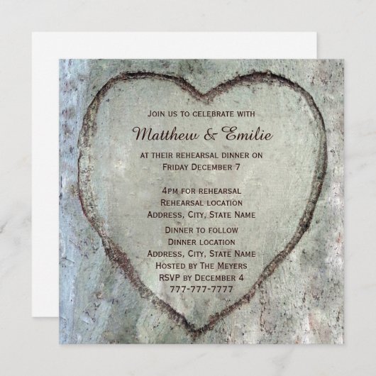 Carved Heart Birch Tree Wedding Rehearsal Dinner Kaart (Voorkant / Achterkant)