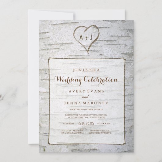 Carved Heart in Tree Wedding Invitation Kaart (Voorkant)