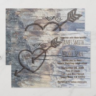 Carved Heart in Wood Tortelduifjes Wedding Invitat Kaart