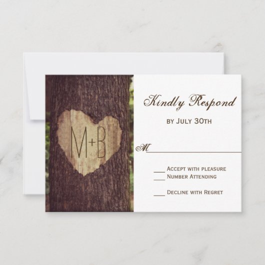 Carved Heart Rustic Tree Wedding RSVP-kaarten RSVP Kaartje (Voorkant)
