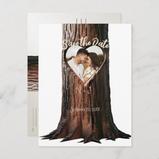 Carved Heart Tree Stump Rustic Save the Date Foto Aankondigingskaart (Voorkant / Achterkant)