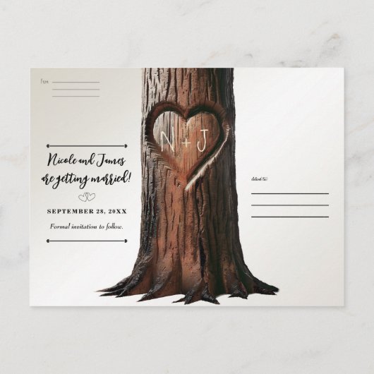Carved Heart Tree Stump Rustic Save the Date Foto Aankondigingskaart (Achterkant)