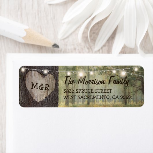 Carved Heart Tree Wedding | Rustige String Lights Etiket (Insitu)