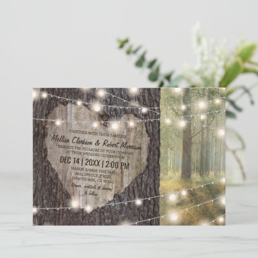 Carved Heart Tree Wedding | Rustige String Lights Kaart (Staand voorkant)