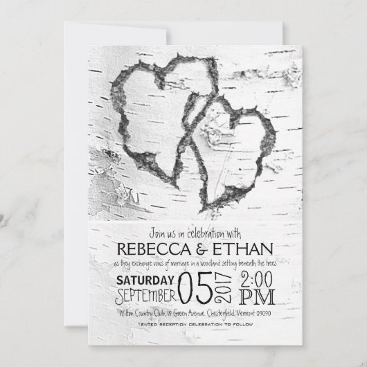 Carved Hearts White Birch Typography Wedding Kaart (Voorkant)