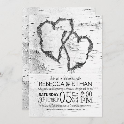 Carved Hearts White Birch Typography Wedding Kaart (Voorkant / Achterkant)