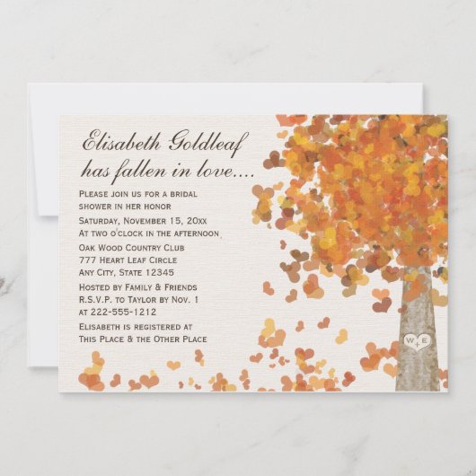 Carved Initialen Tree Herfst Bridal Shower Invitat Kaart (Voorkant)