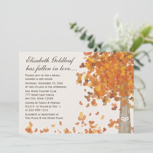 Carved Initialen Tree Herfst Bridal Shower Invitat Kaart (Staand voorkant)