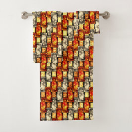 Carved rechtangular pieces reddish and beige align bad handdoek