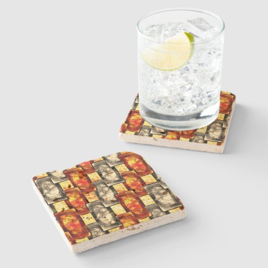 Carved rechtangular pieces reddish and beige align stenen onderzetter (Zijkant)