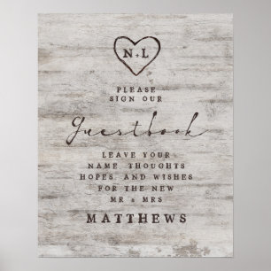 Carved Sweethearts Rustic Birch Guestbook Poster