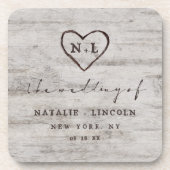 Carved Sweethearts Rustic Birch Wedding Monogram Bier Onderzetter (Voorkant)
