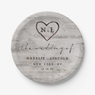 Carved Sweethearts Rustic Birch Wedding Monogram Papieren Bordje