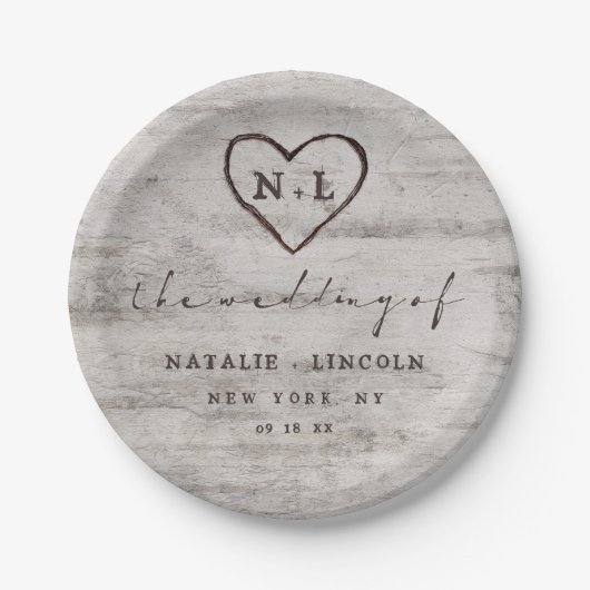 Carved Sweethearts Rustic Birch Wedding Monogram Papieren Bordje (Voorkant)