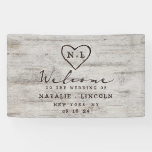 Carved Sweethearts Rustic Birch Wedding Welcome Spandoek