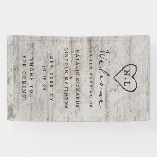 Carved Sweethearts Rustic Birch Wedding Welcome Spandoek (Horizontaal)