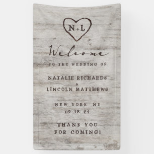 Carved Sweethearts Rustic Birch Wedding Welcome Spandoek