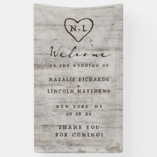 Carved Sweethearts Rustic Birch Wedding Welcome Spandoek (Verticaal)