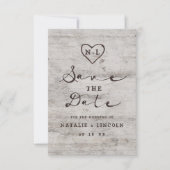 Carved Sweethearts Rustic Birch Wood Monogram Save The Date (Voorkant)