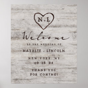 Carved Sweethearts Rustic Wedding Welcome Sign Poster