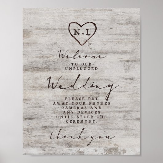 Carved Sweethearts Unplugged Wedding Table Sign Poster (Voorkant)