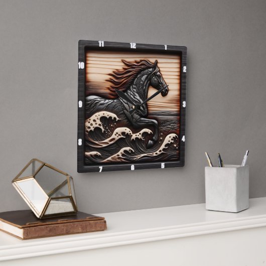 Carved Wave Gallop: Hout uitziend paard Vierkante Klok (Kantoor)