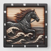 Carved Wave Gallop: Hout uitziend paard Vierkante Klok (Voorkant)