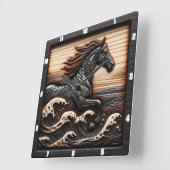 Carved Wave Gallop: Hout uitziend paard Vierkante Klok (Hoek)