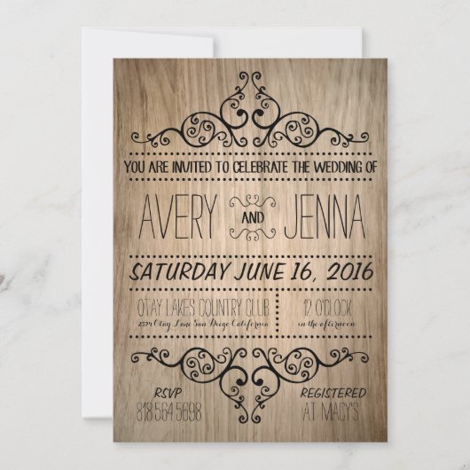 Carved Wood Country Rustic Wedding Invitation Kaart (Voorkant)