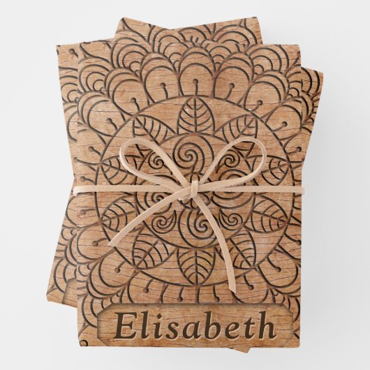 Carved Wood Floral Circles Mandala Gepersonaliseer Inpakpapier Vel (In situ)