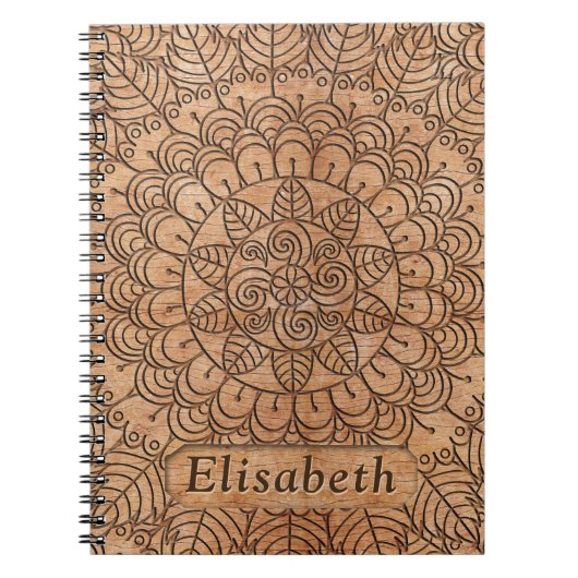 Carved Wood Floral Circles Mandala Gepersonaliseer Notitieboek (Voorkant)