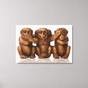 Carving of three wooden monkeys canvas afdruk