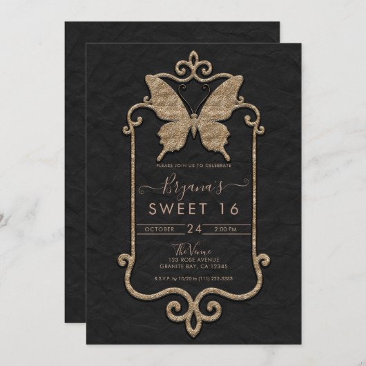 Casa Mariposa Roze & Zwarte Vlinder Sweet 16 Kaart (Voorkant / Achterkant)