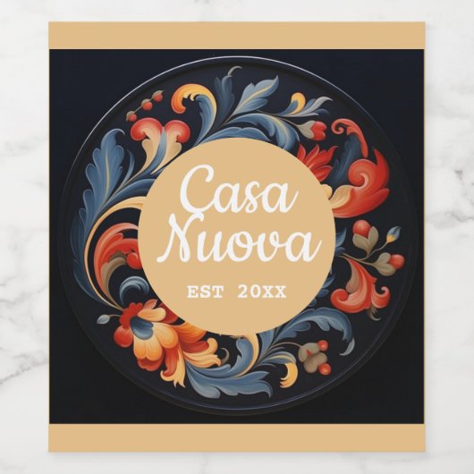 Casa Nuova Nieuw Huis Rosepaint Rosemaling 1 van 6 Wijn Etiket (Enkel label)