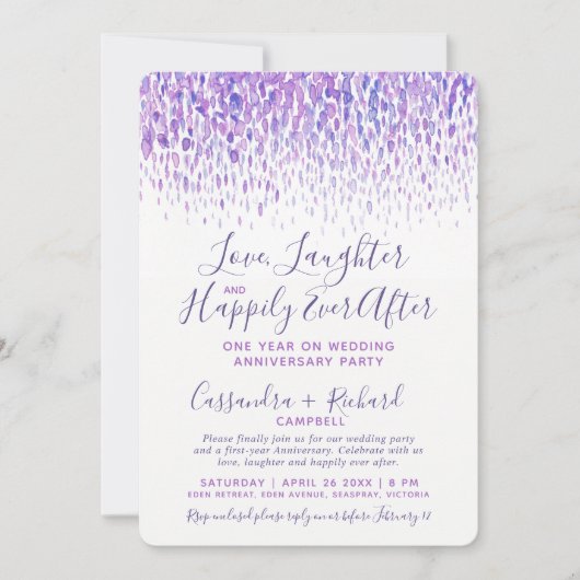 Cascade paarse waterverf 1 jaar op huwelijksfeest kaart (Voorkant)