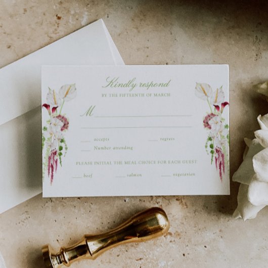 Cascadeerend bloemboeket bruiloft RSVP kaartje