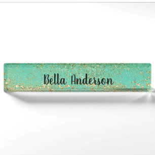 Cascadend Gouden Glitter & Teal Aqua Glam Trendy Naambordje