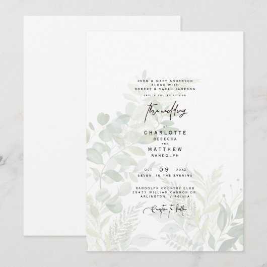 Cascading Botanical Waterverf Greenery Wedding Kaart (Voorkant / Achterkant)